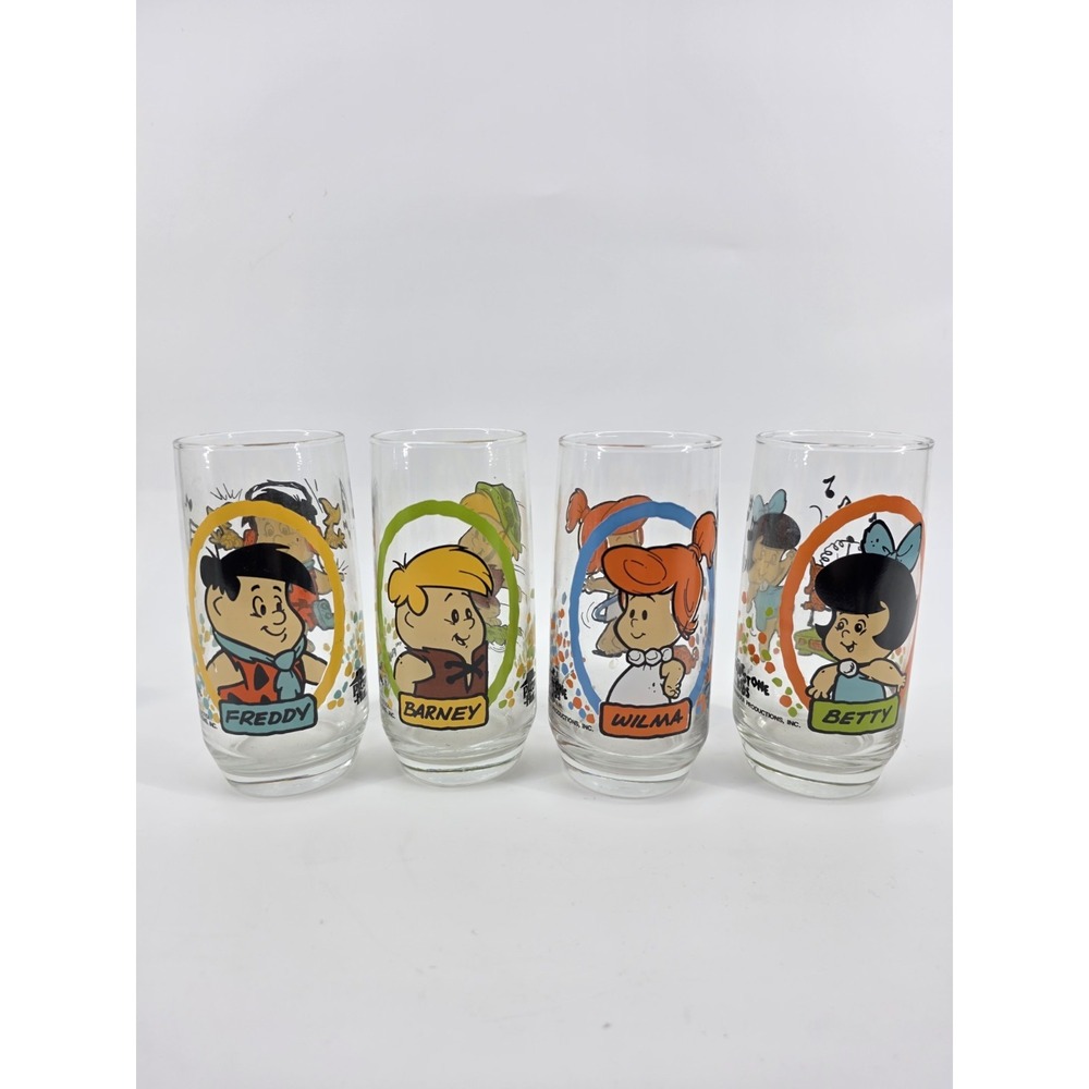 1986 Pizza Hut "The Flintstone Kids" Complete Set of 4 Drinking Glasses! Vintage